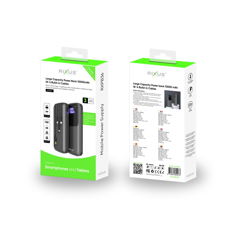 Rixus RXPB36B Power Bank 10000mAh With Build-in Cables Black