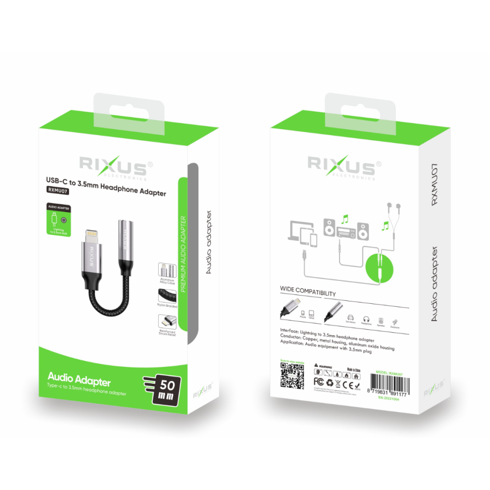 Rixus RXMU07 Lightning To 3.5mm Headphone Adaptor Black