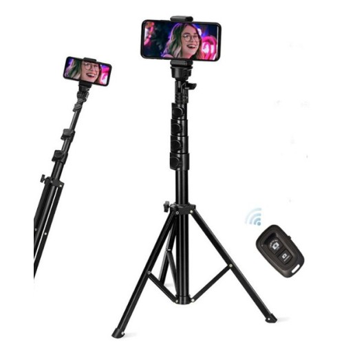 Rixus RXPH61 1.6m Extendable Cell Phone Tripod With Wireless Remote And Phone Holder Black