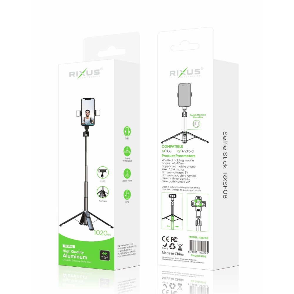 Rixus RXSF08 Aluminum High Quality Selfie Stick With Double Led Light Black