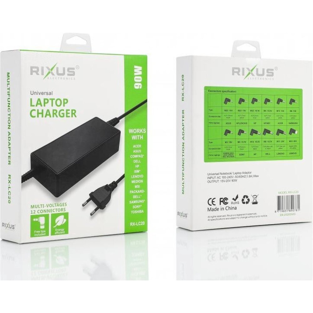 Rixus RXLC20 Universal Laptop Charger 90W With 12 Connectors Black