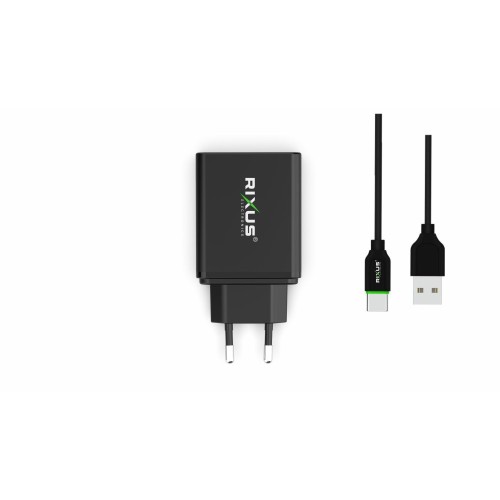 Rixus RX70B Dual USB And PD Charger With USB To Type-C Cable Black