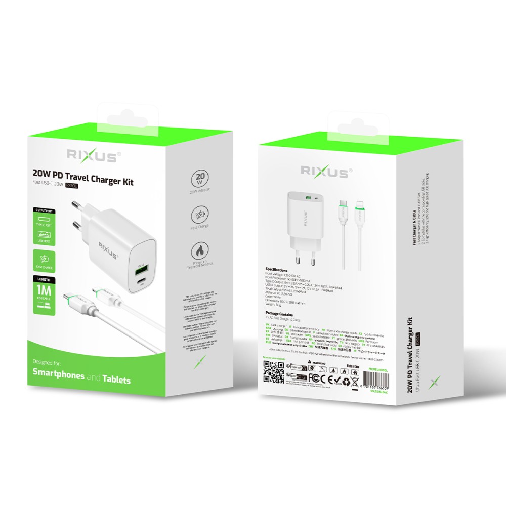Rixus RX90L Adapter With USB-C To Lighting Cable 100CM 20W White