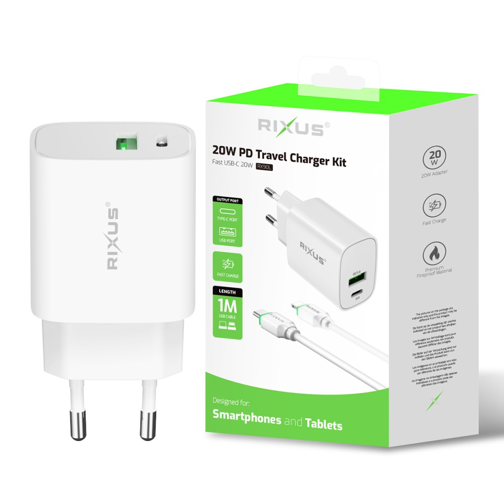 Rixus RX90L Adapter With USB-C To Lighting Cable 100CM 20W White