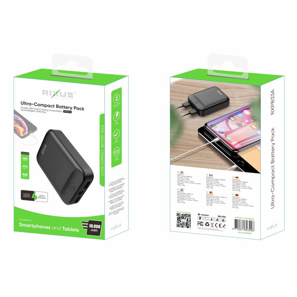 Rixus RXPB33A Ultra-Compact Power Bank 10000 mAh Black
