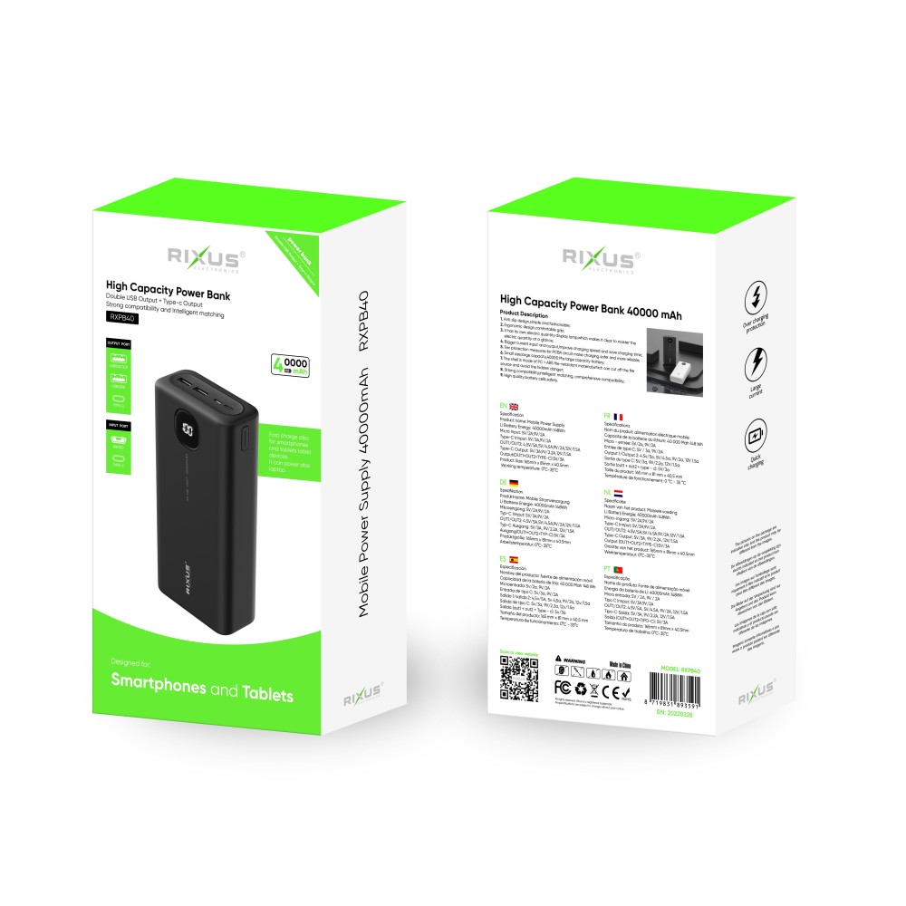 Rixus RXPB40 High Capacity Power Bank 40.000mAh Black