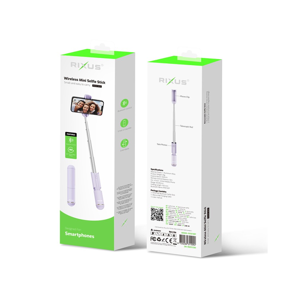 Rixus RXSF30P Mini Integrated Selfie Stick Bluetooth Purple