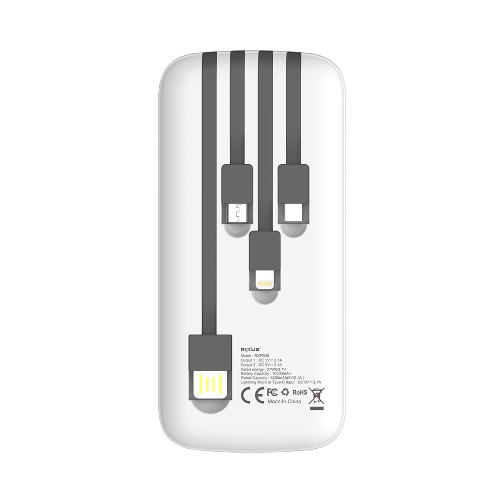 Rixus RXPB36 Power Bank 10000 mAh With 4 Build In Cables White