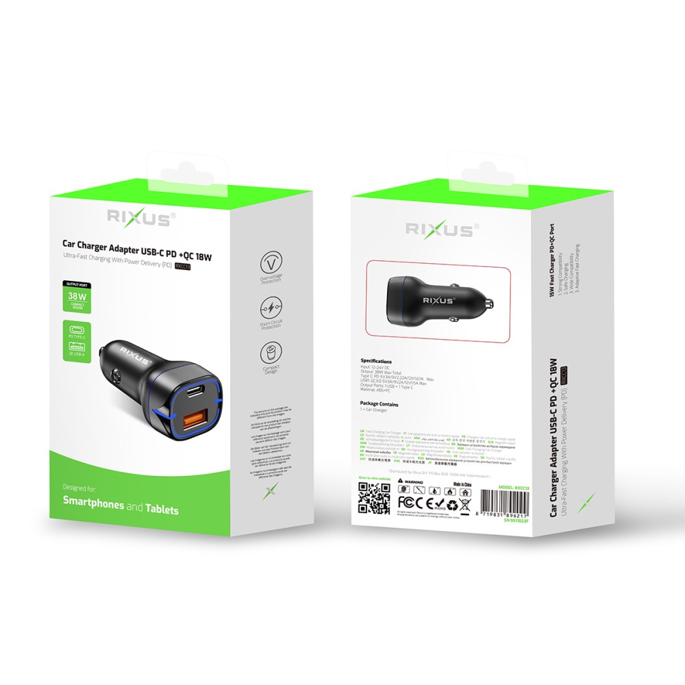 Rixus RXCC13 USB-C PD+QC3.0 Car Charger 38W Black