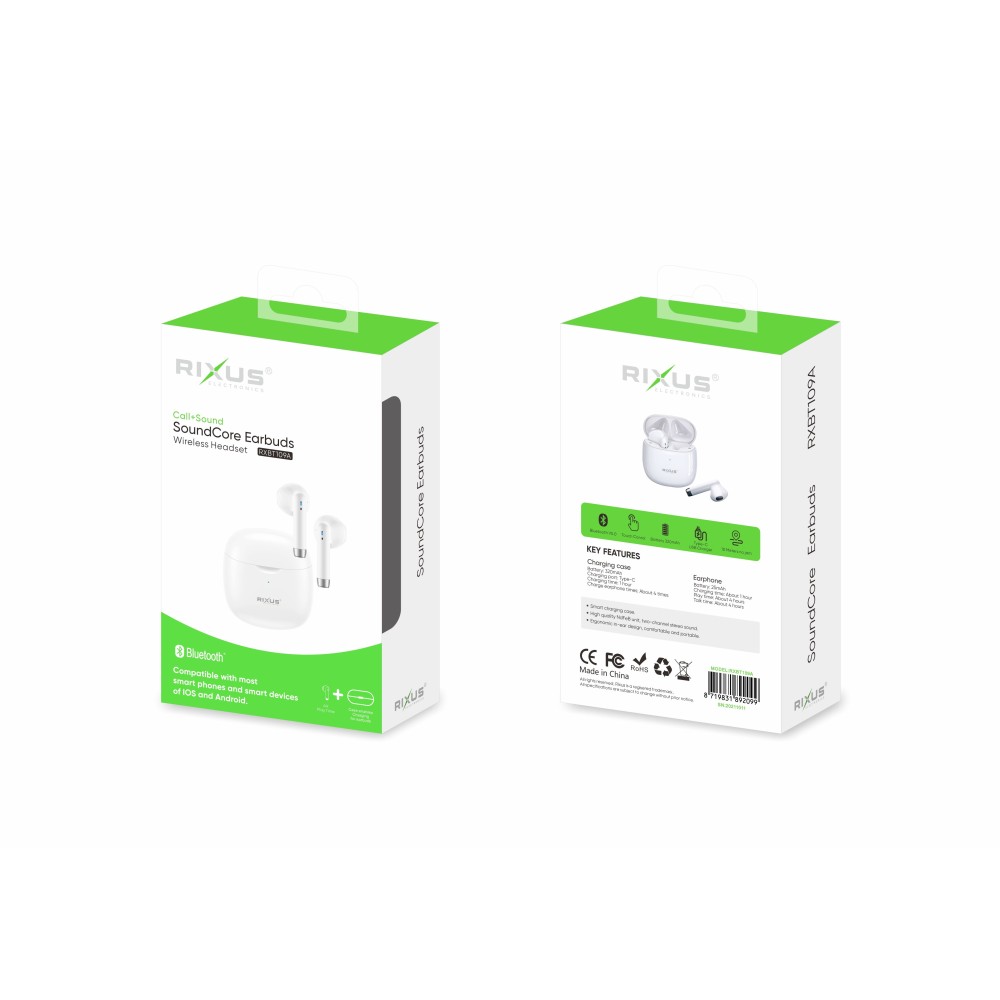 Rixus RXBT109A SoundCore Bluetooth Headset White
