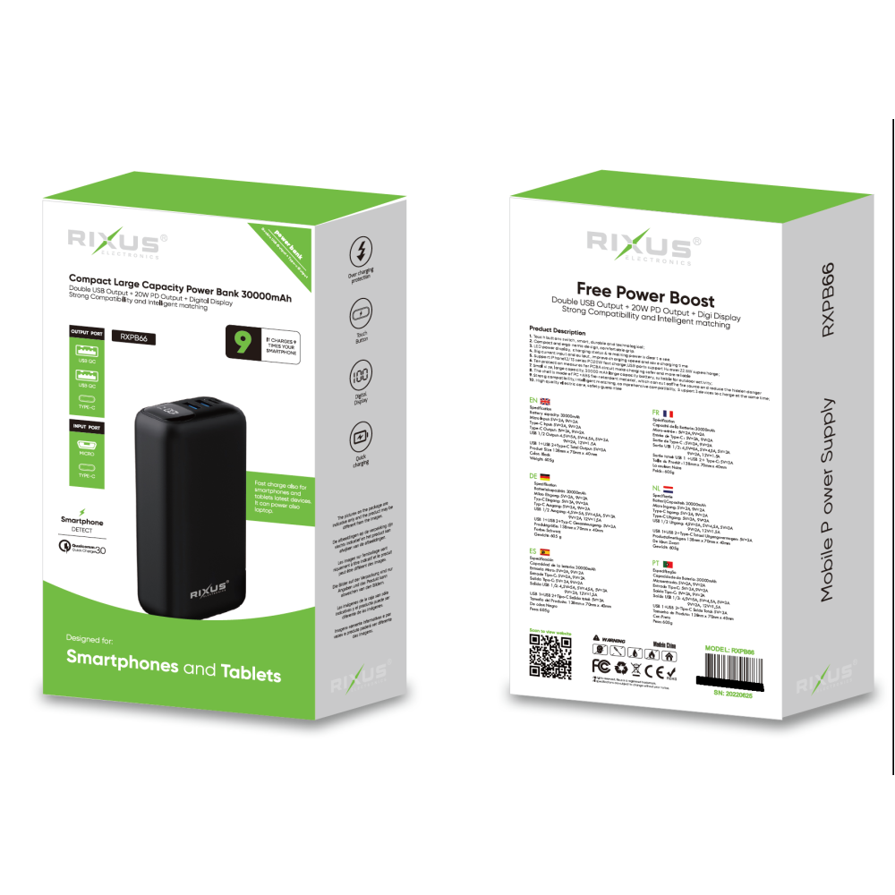 Rixus RXPB62 22.5W Super Fast Power Bank 30.000mAh 2USB+1PD OutPut Black