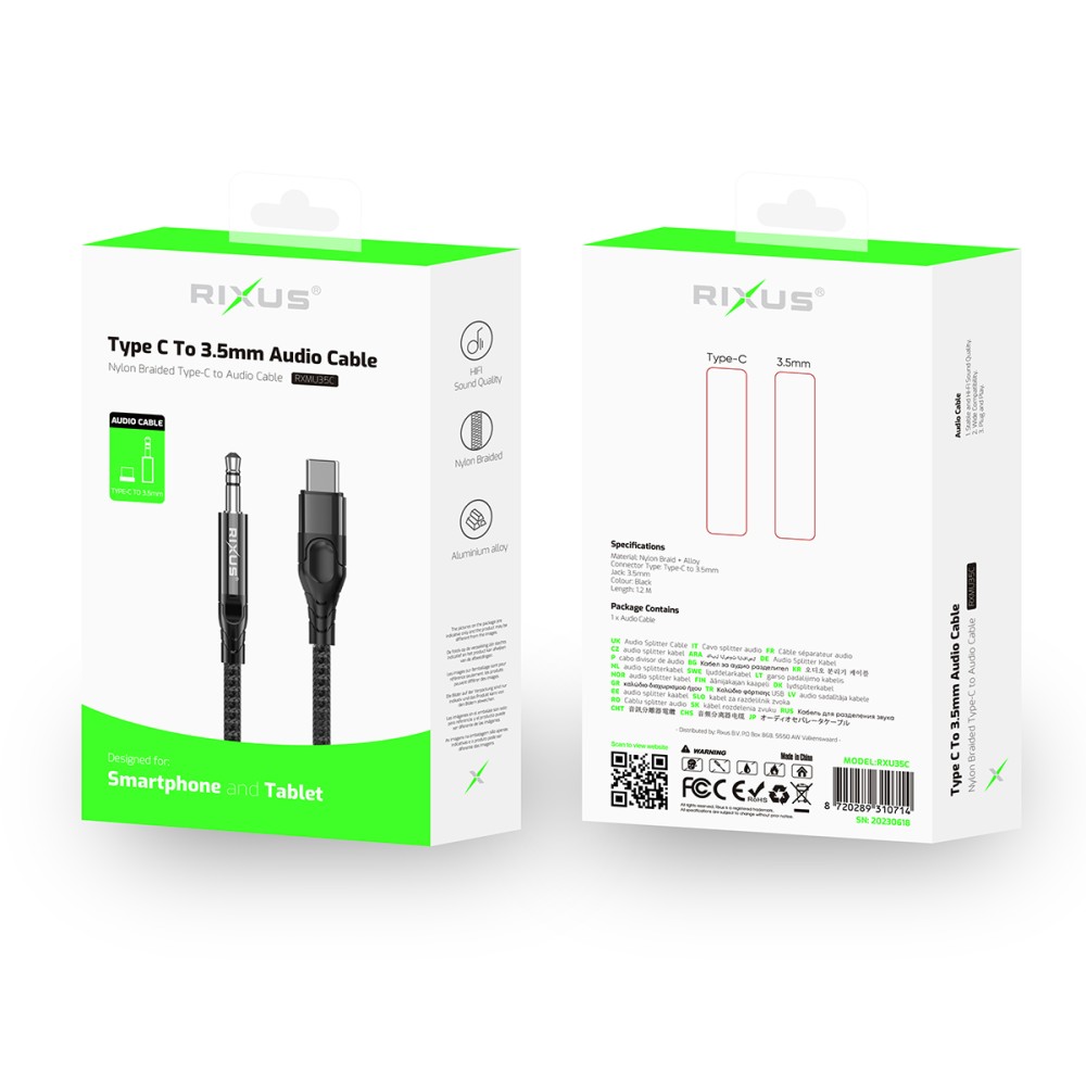 Rixus RXMU35C 3.5mm AUX To USB-C Braided Audio Cable 120 CM Black