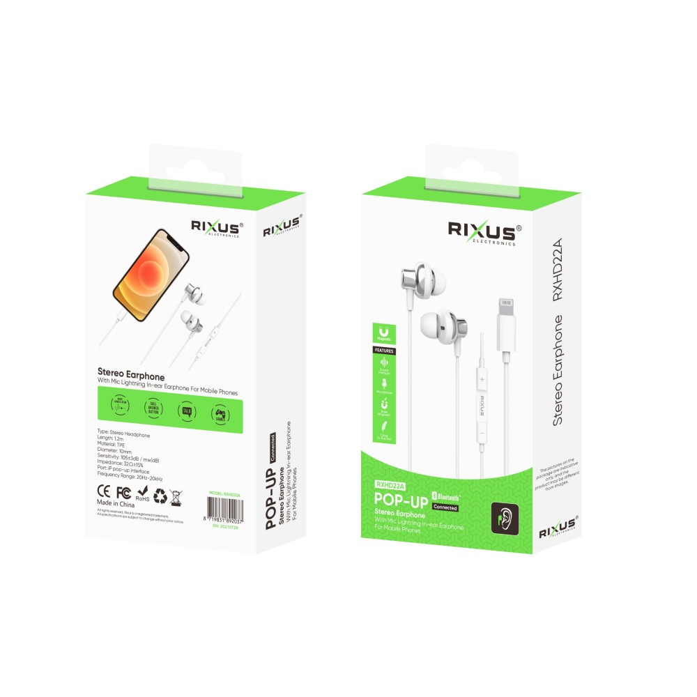 Rixus RXHD22A For iOs Stereo Earphone Pop Up Bluetooth White
