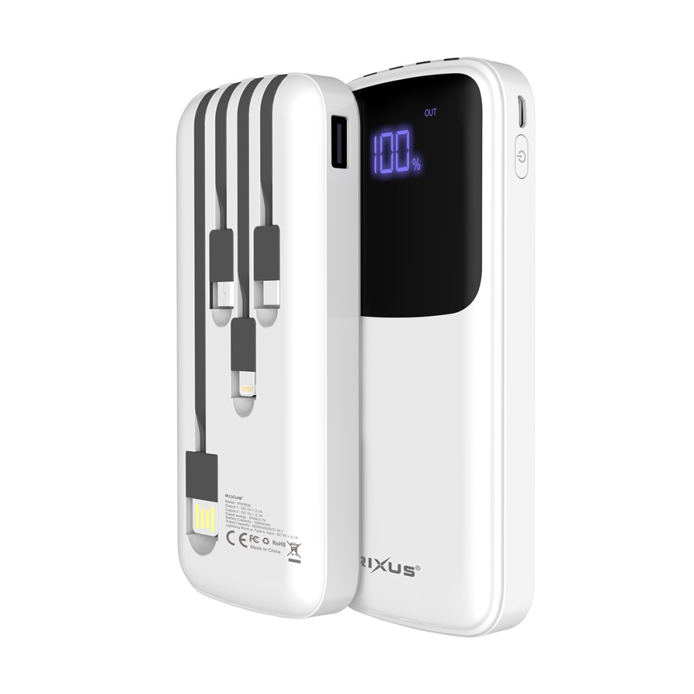 Rixus RXPB36 Power Bank 10000 mAh With 4 Build In Cables White