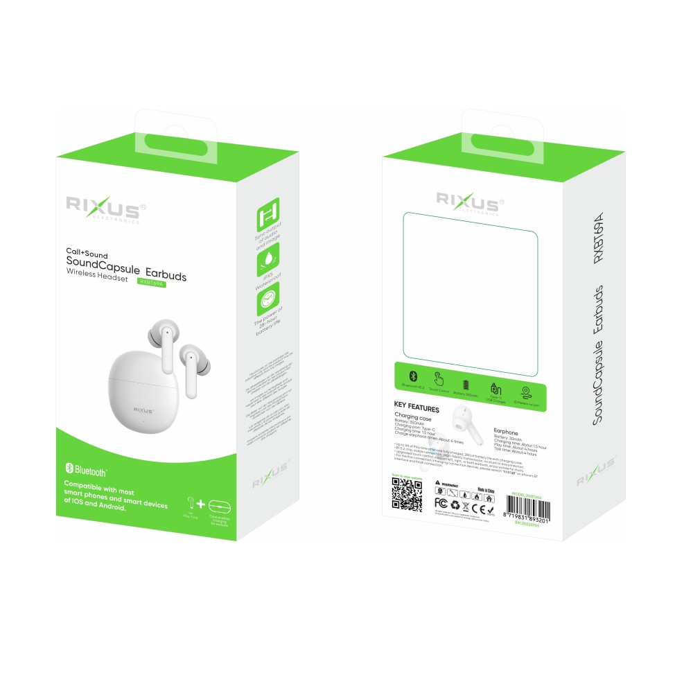 Rixus RXBT69A TWS Earbuds With Charging Case White