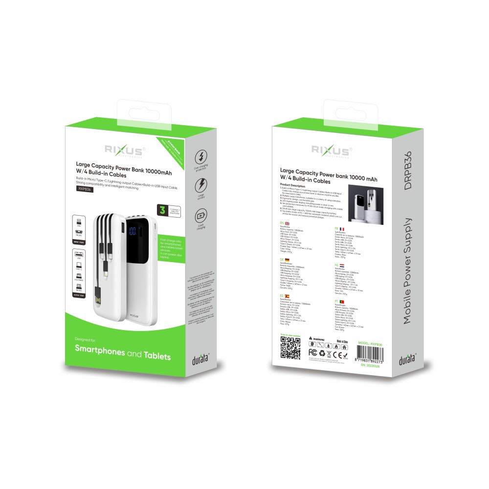 Rixus RXPB36 Power Bank 10000 mAh With 4 Build In Cables White