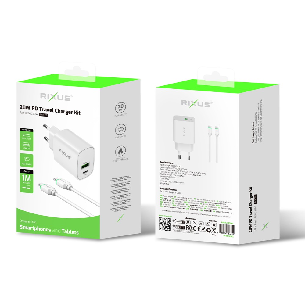 Rixus RX90CC Adapter With USB-C To USB-C Cable 100CM 20W White