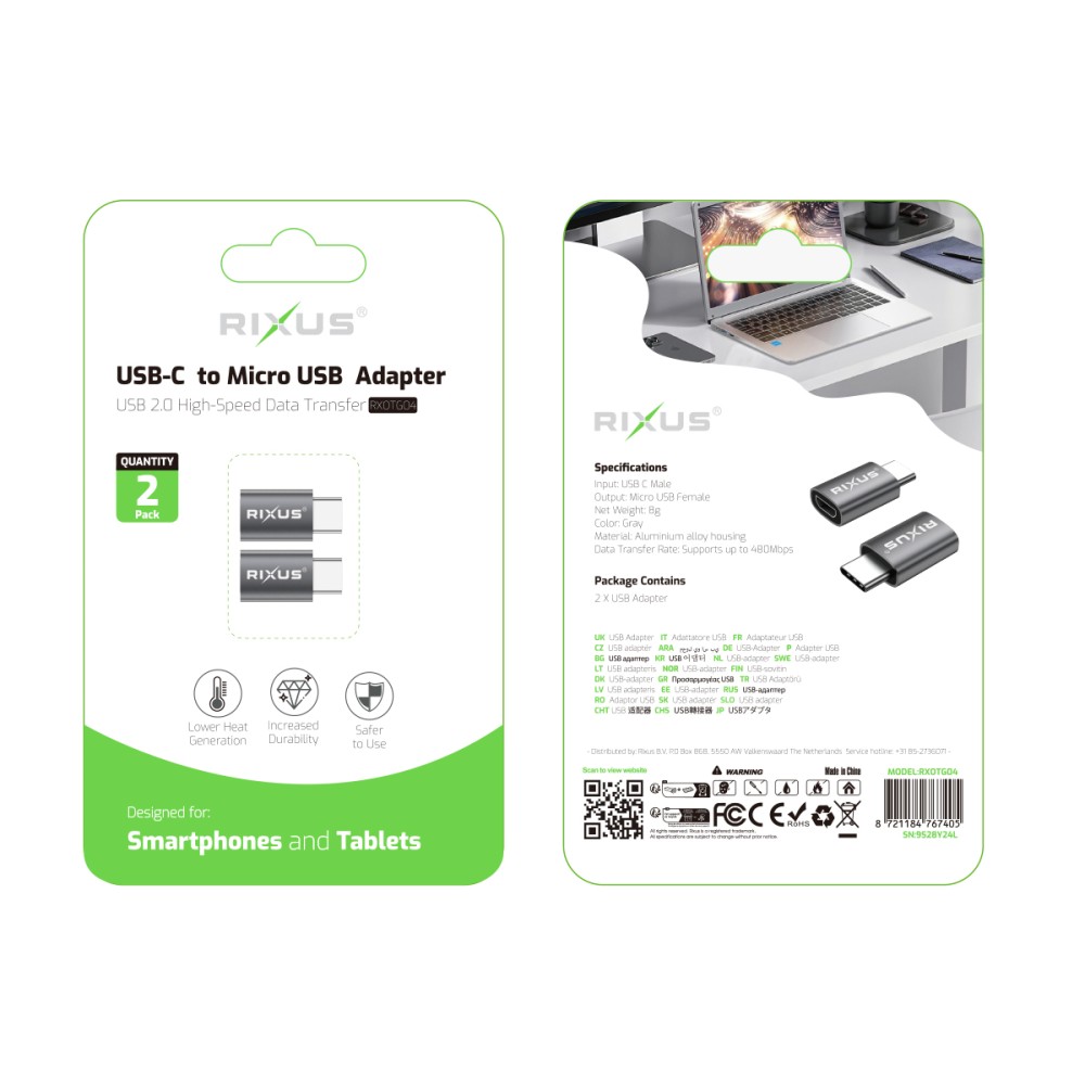 Rixus RXOTG04 USB-C To Micro OTG Adapter Space Gray (2-Pack)