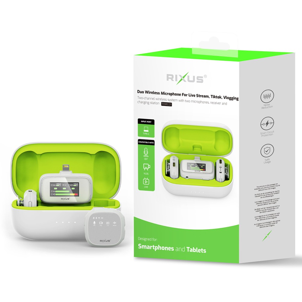 Rixus RXMIC01 Wireless Microphone For Live Stream,Tik Tok,Vlog White