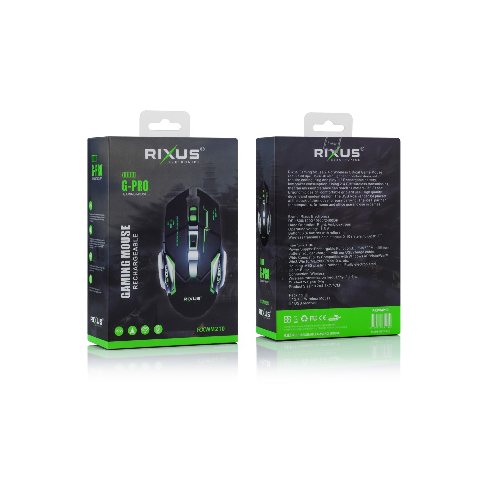 Rixus RXWM210 Wireless Gaming Mouse G-Pro Black Green