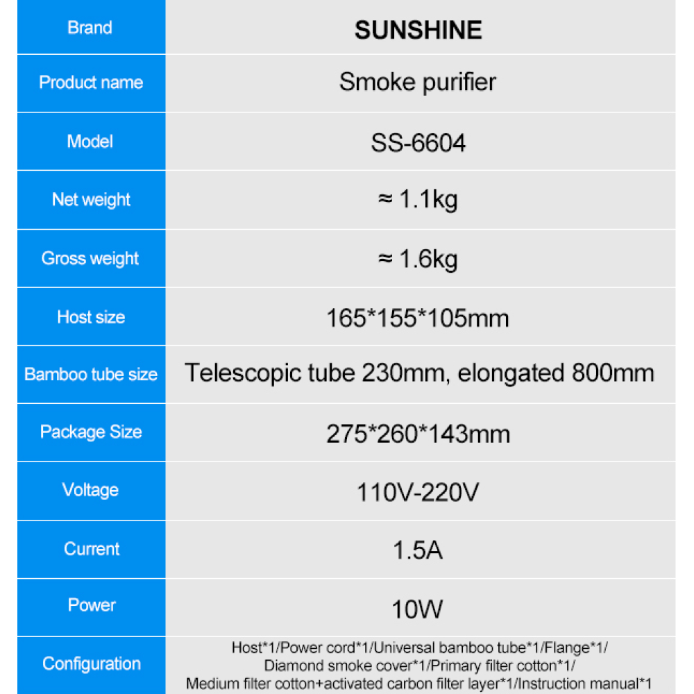 Sunshine SS-6604 Mini High Efficiency Smoke Purifier 110V-220V