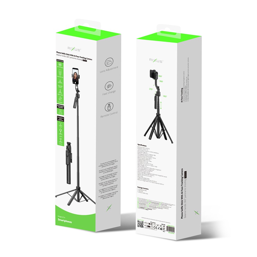 Rixus RXSF55 Phone Selfie Stick With AI Face Tracking Camera Black