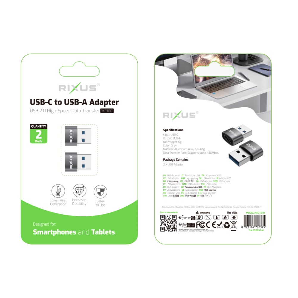 Rixus RXOTG01 USB-A To USB-C OTG Adapter Space Gray (2-Pack)